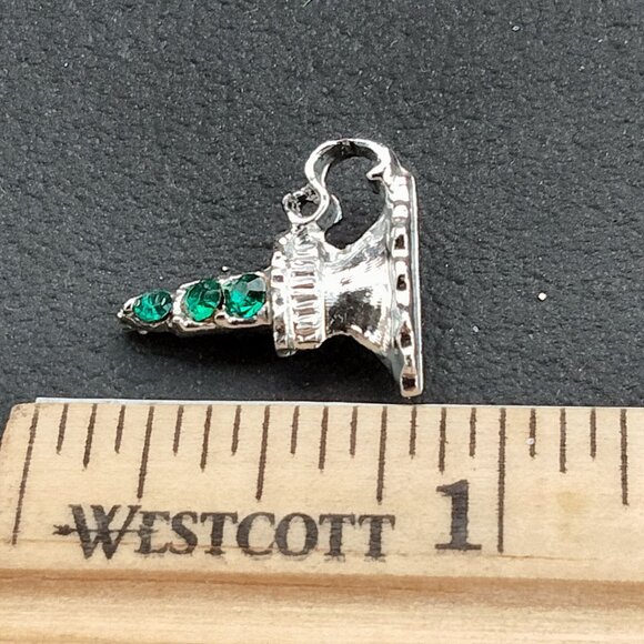 Candlestick Pinback Pin Tie Tack Silver Green Rhinestone Vintage Christmas - Picture 2 of 3